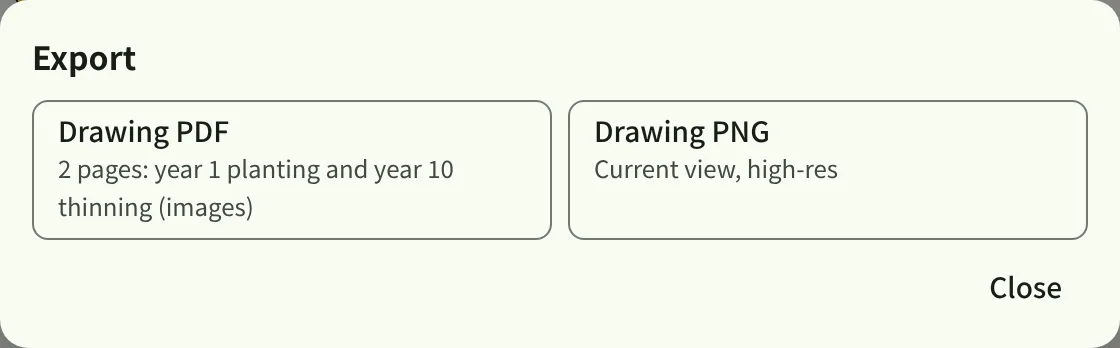 The export choices: a drawing PDF (two pages, year 1 and year 10) and a drawing PNG (the current view, high resolution).