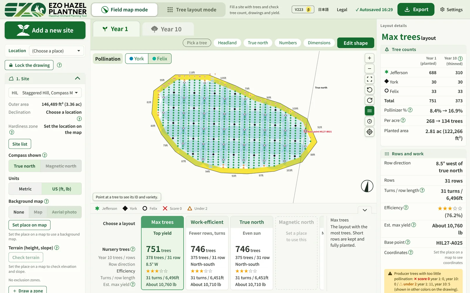 Field map mode. Trees fill a polygon-shaped site, with tree counts on the right and a comparison of layout plans below.