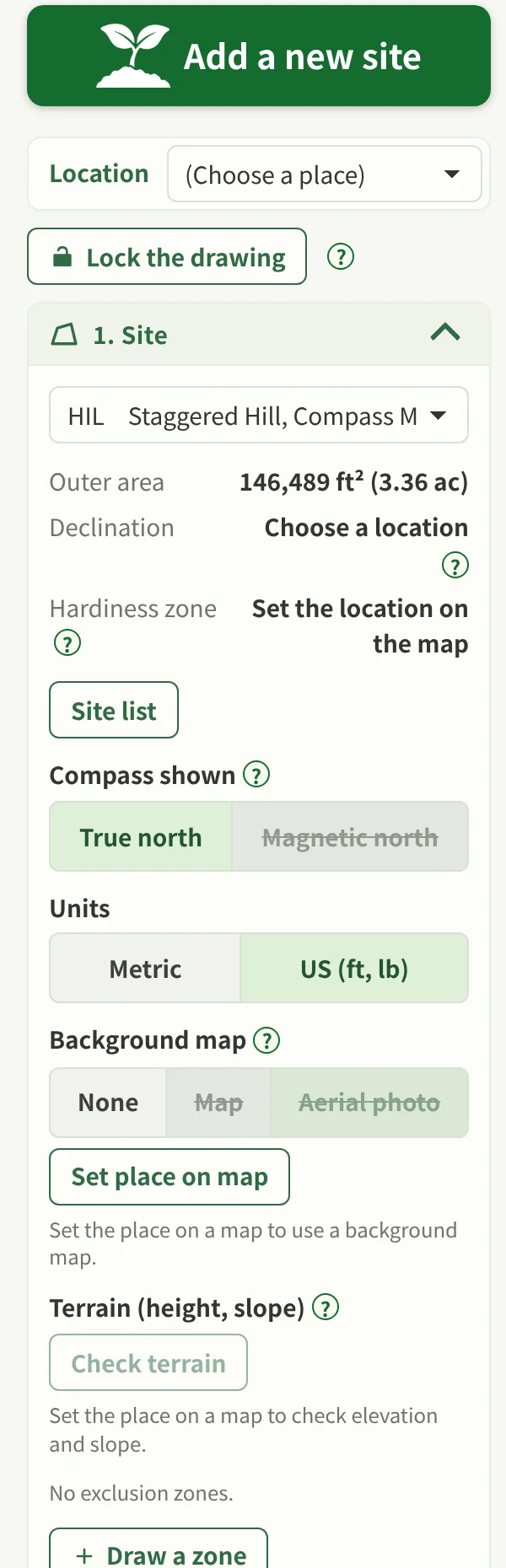 The left panel of field map mode. Site selection, compass display, background map (none, map or aerial photo), terrain and base point.