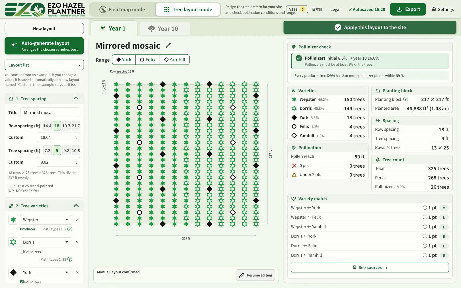 Tree layout mode. Row and tree spacing and varieties on the left, the tree layout in the middle, and the pollinizer check on the right.