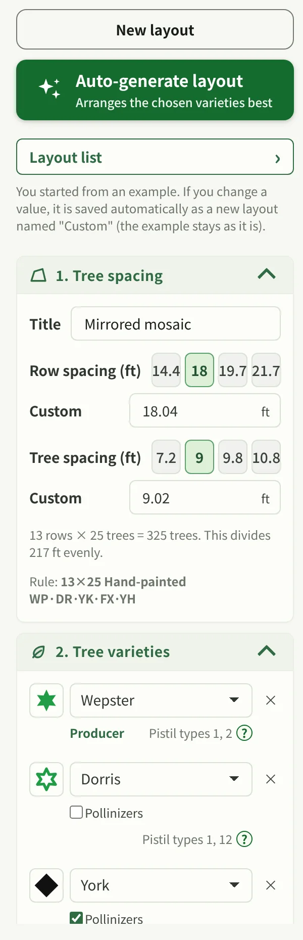The left panel of tree layout mode. Title, row and tree spacing, and the varieties and pollinizers to use.